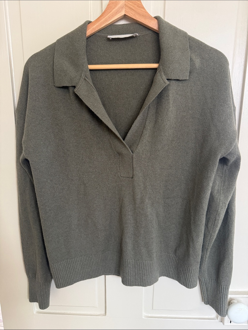 Everlane Olive Green Collared V-Neck Sweater
